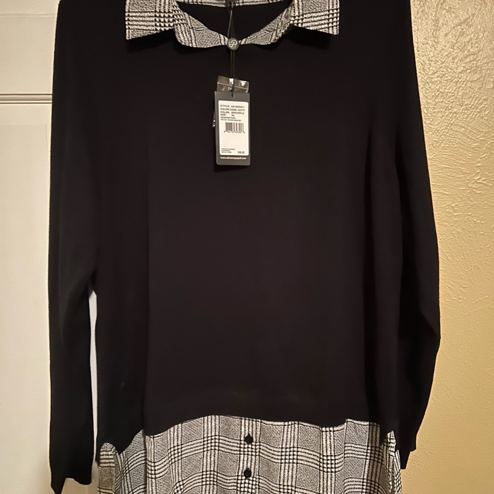 Adrianna Papell Black Top with Plaid Accents